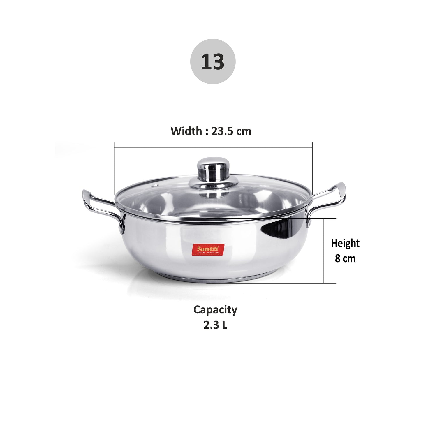 Sumeet Stainless Steel Induction Bottom Induction & Gas Stove Friendly Kadhai with Glass Lid