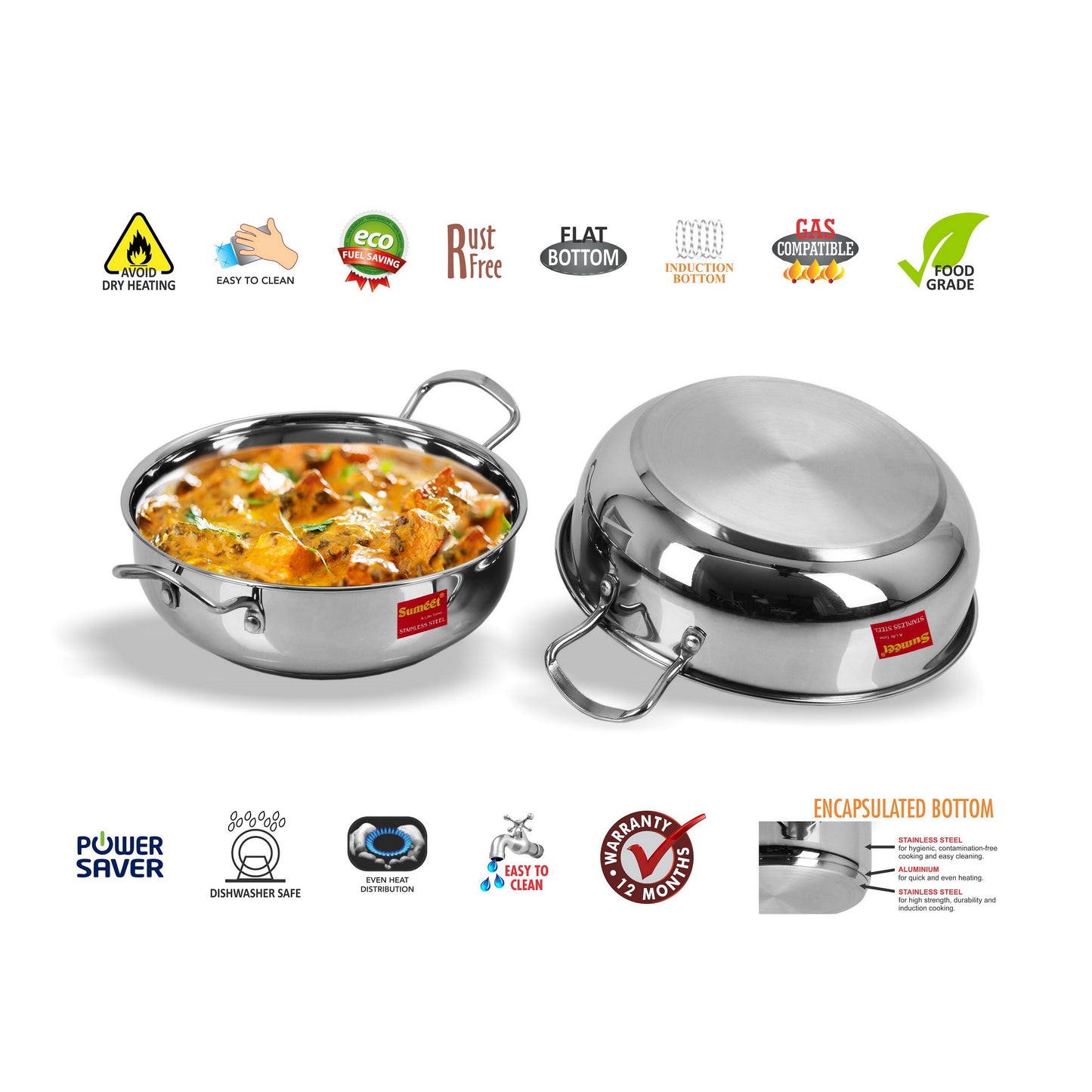 Sumeet Stainless Steel Induction Bottom Gas Stove Friendly Kadai Set of 2