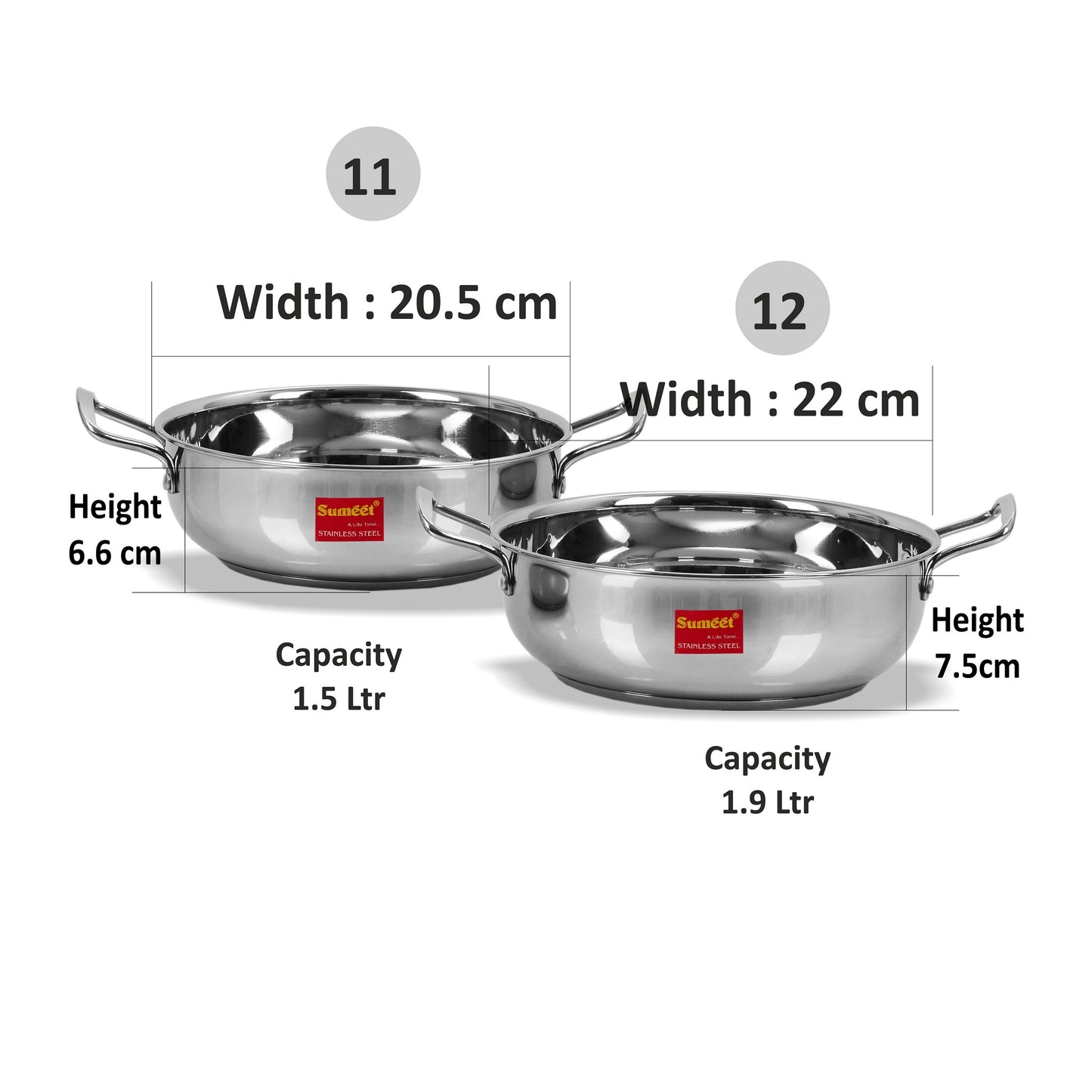 Sumeet Stainless Steel Induction Bottom Gas Stove Friendly Kadai Set of 2