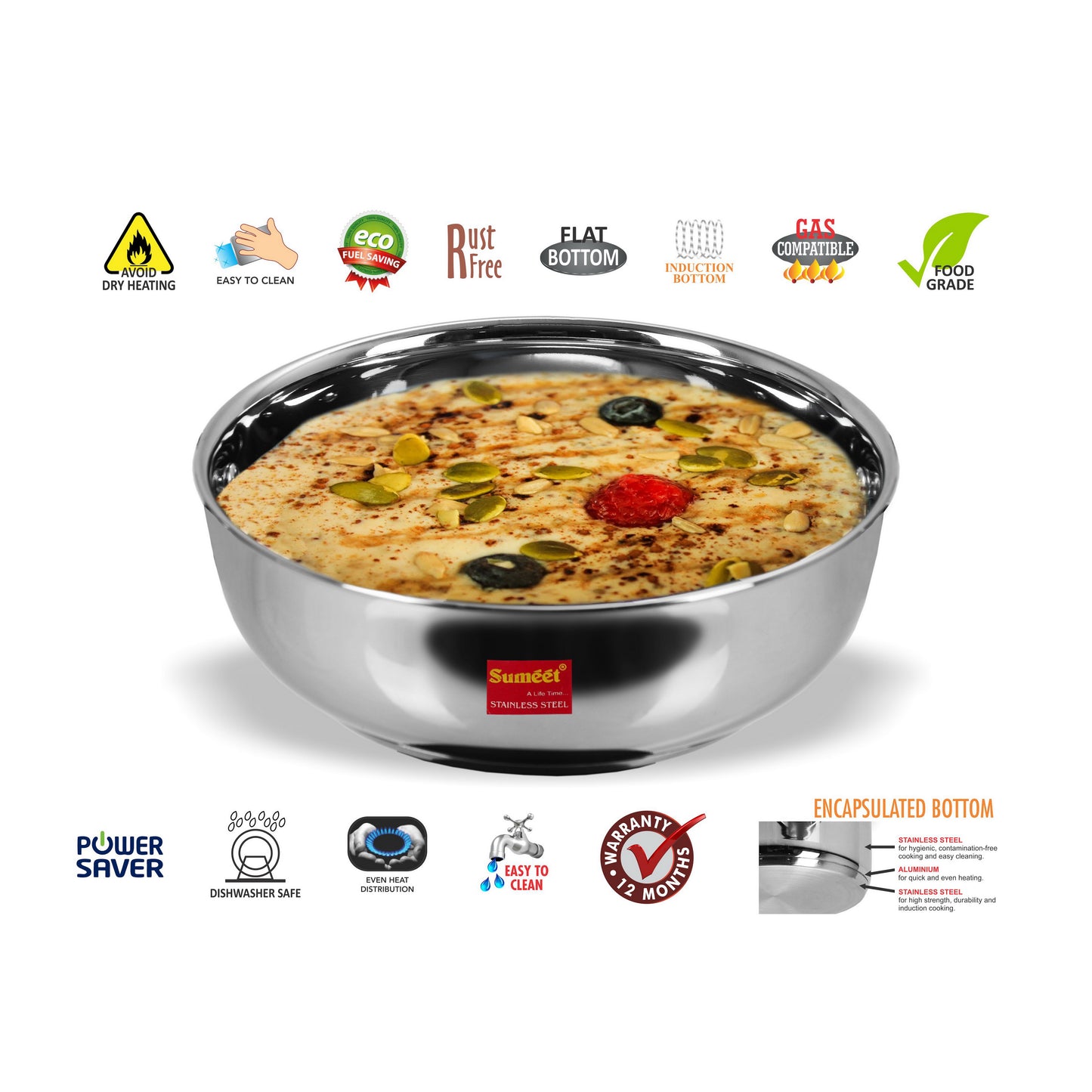 Sumeet Stainless Steel Induction Bottom (Encapsulated Bottom) Induction & Gas Stove Friendly Tasra