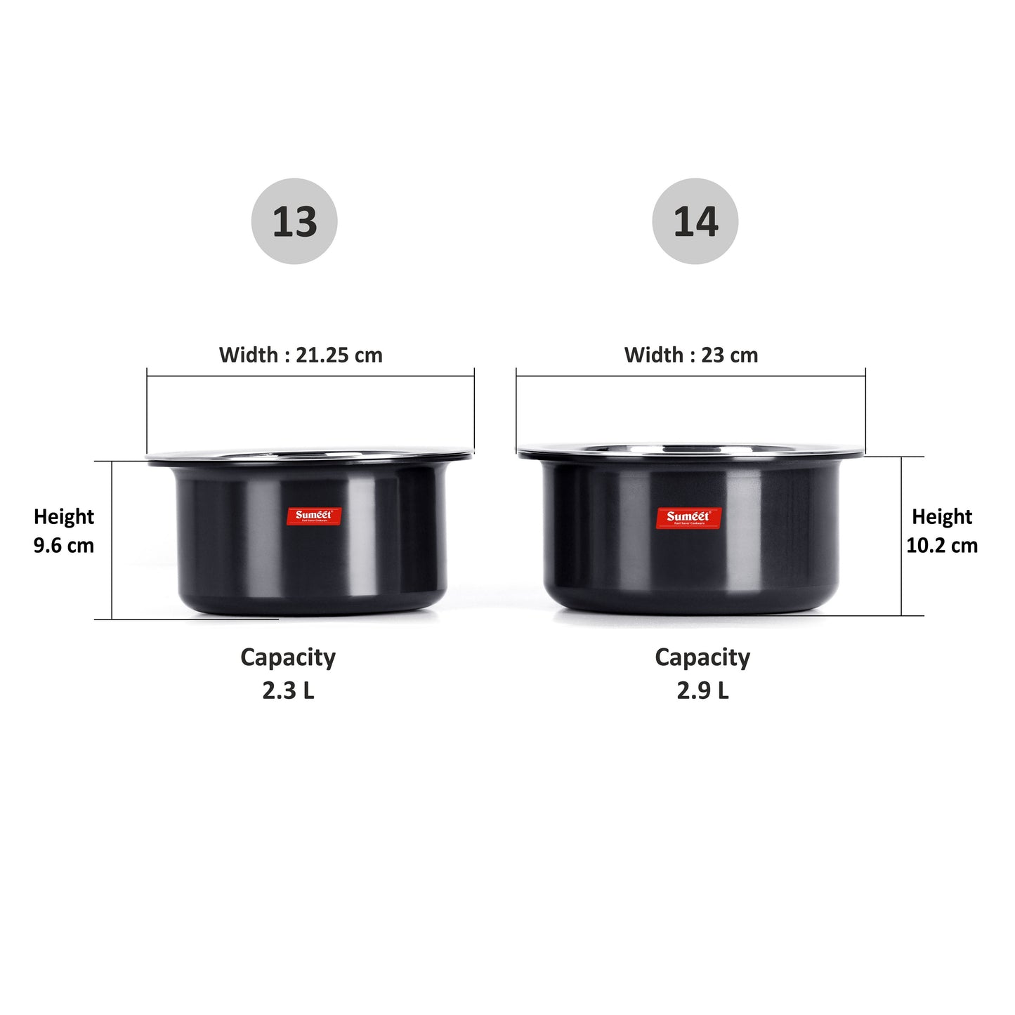 SUMEET Hard Aluminium Black Anodised Small to Large Size Tope Set of with S. S. Lid -3mm Thick