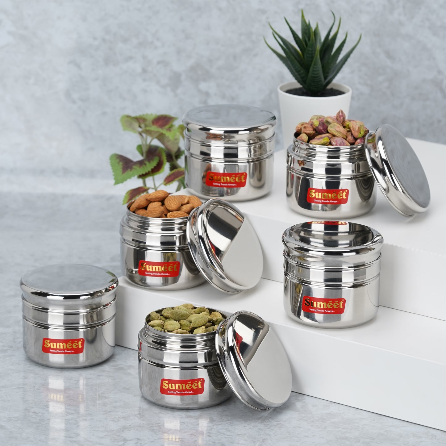 Sumeet Stainless Steel Circular Vertical Mini Storage Conatiner Set