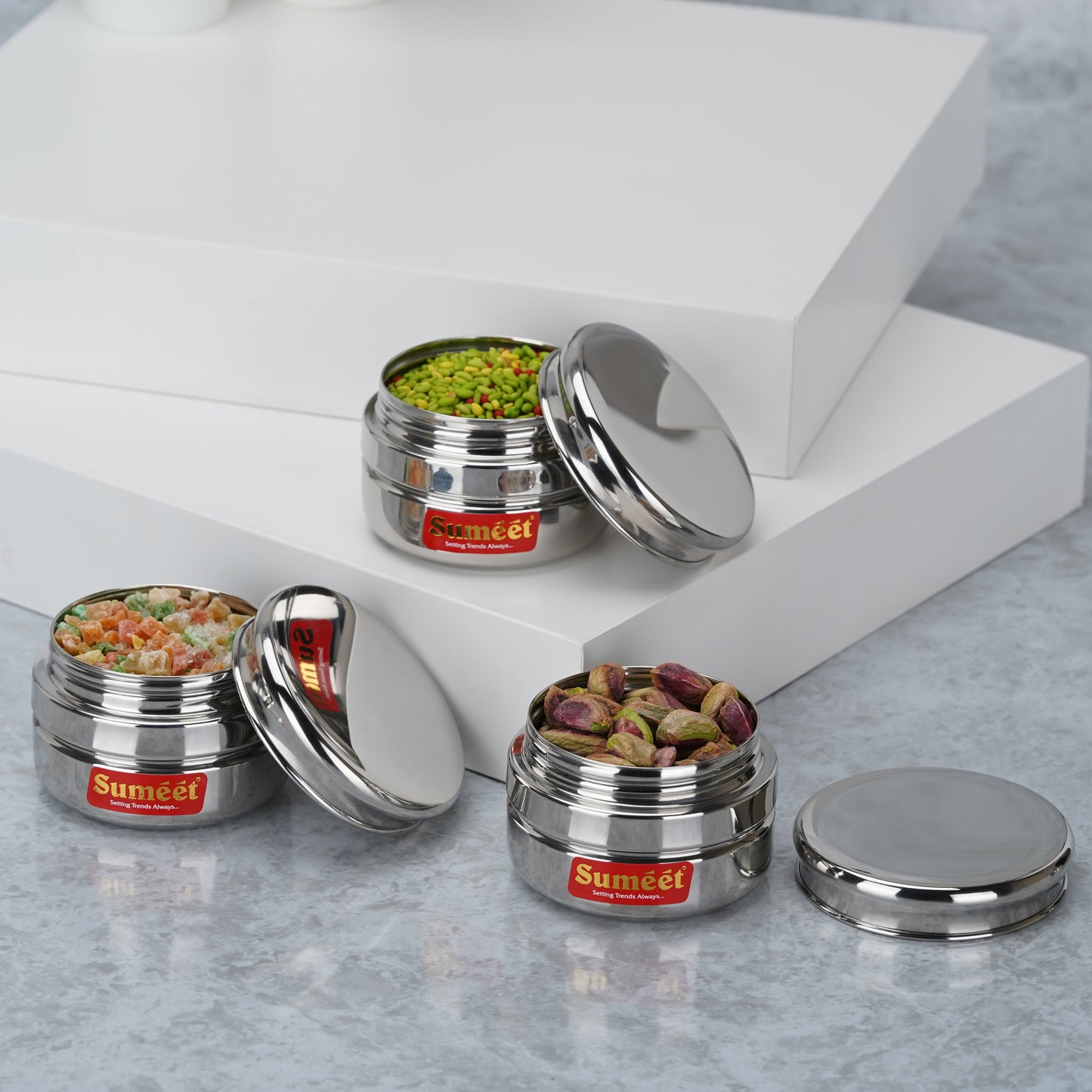 Sumeet Stainless Steel Circular Vertical Mini Storage Conatiner Set