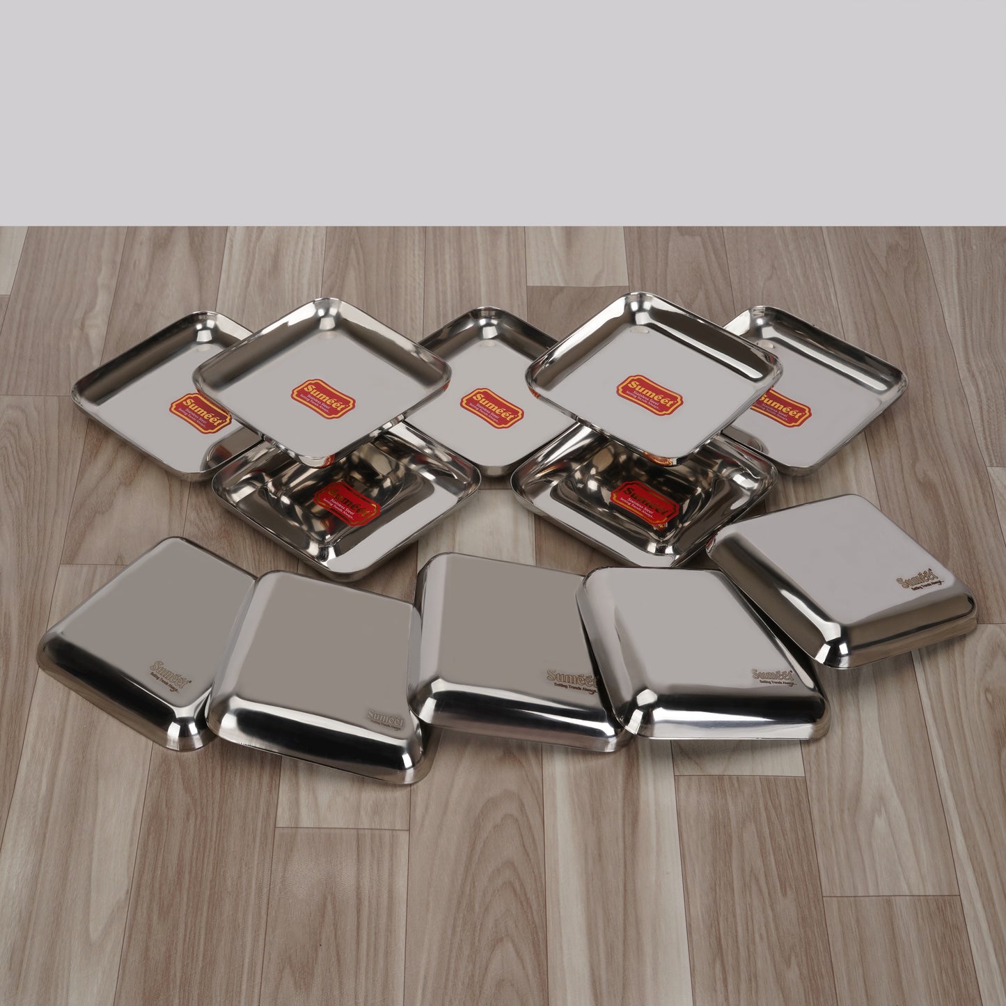 Sumeet Stainless Steel Big Square Shape Plate/Dinner Plate/Lunch - Meal Plate Set