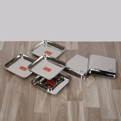 Sumeet Stainless Steel Big Square Shape Plate/Dinner Plate/Lunch - Meal Plate Set