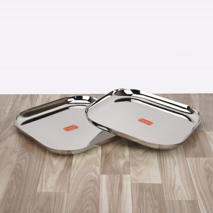 Sumeet Stainless Steel Big Square Shape Plate/Dinner Plate/Lunch - Meal Plate Set