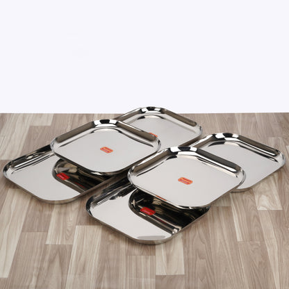 Sumeet Stainless Steel Big Square Shape Plate/Dinner Plate/Lunch - Meal Plate Set