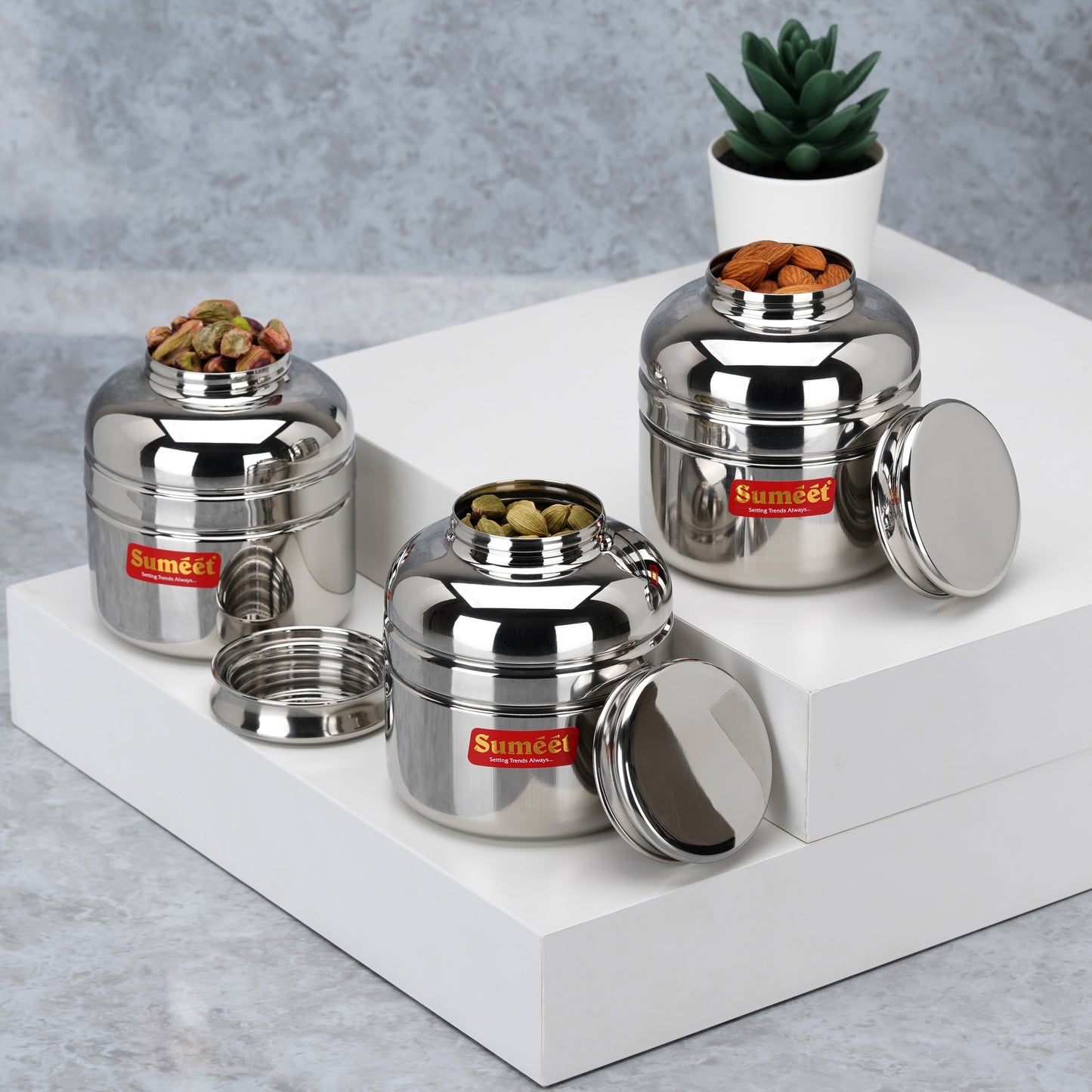 Sumeet Stainless Steel Unique Traditional Shape Extra Small Storage Containers