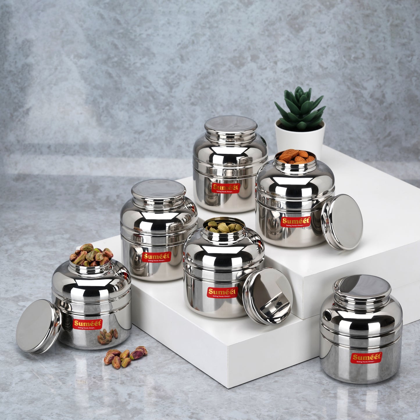 Sumeet Stainless Steel Unique Traditional Shape Extra Small Storage Containers