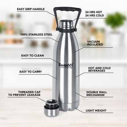 Sumeet Stainless Steel Double Walled Flask / Water Bottle, 24 Hours Hot and Cold, 1500 ml, Silver