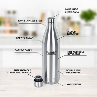 Sumeet Stainless Steel Double Walled Vacuum Flask/Water Bottle, 24 Hours Hot and Cold, 1000 ml