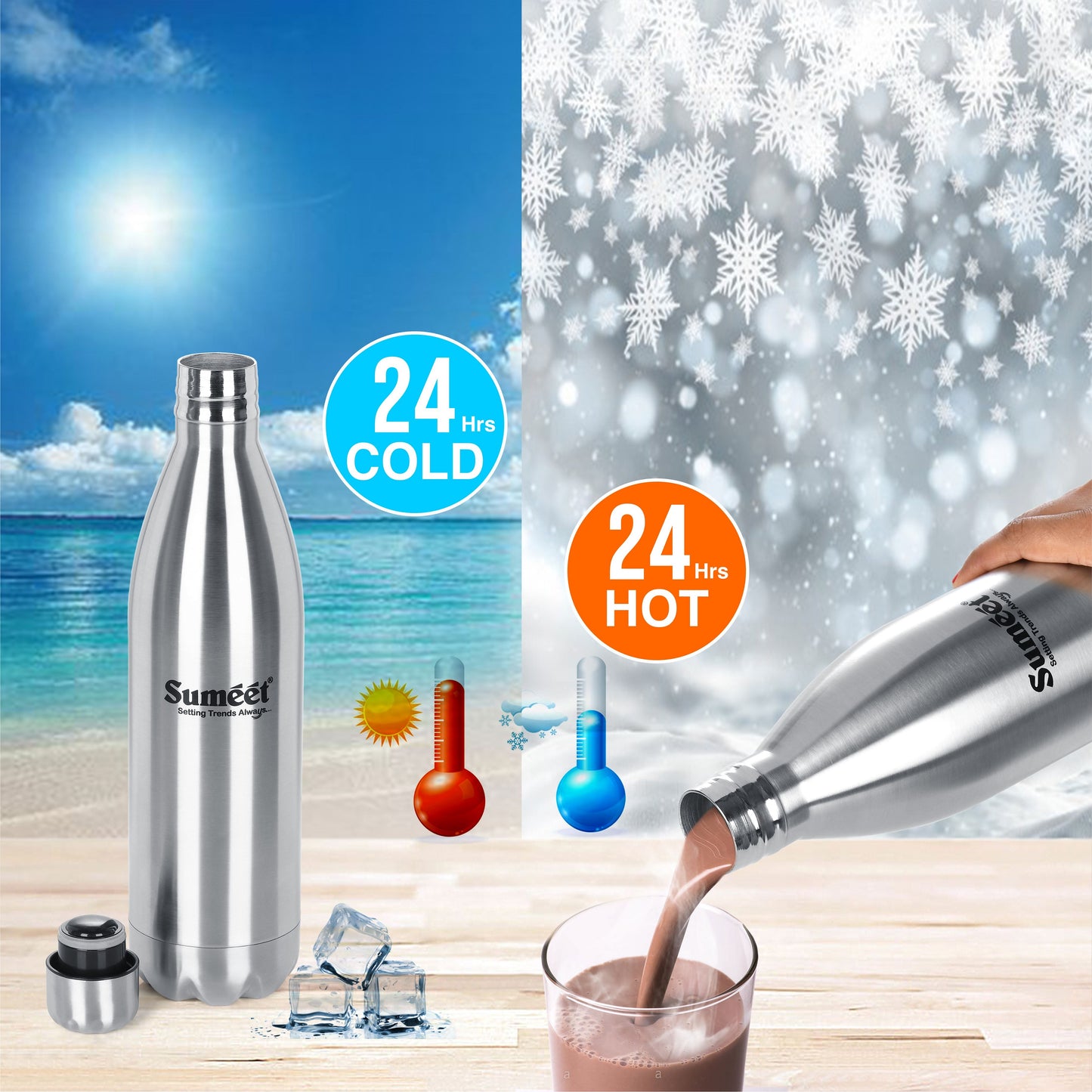 Sumeet Stainless Steel Double Walled Vacuum Flask/Water Bottle, 24 Hours Hot and Cold, 1000 ml