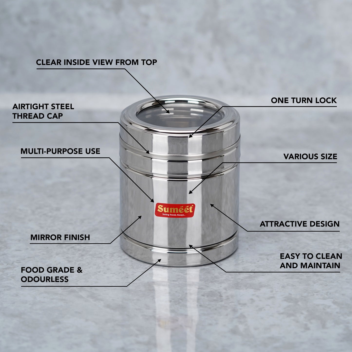 Sumeet Stainless Steel Top See Through/Transparent Lid Circular Vertical Storage Container Set