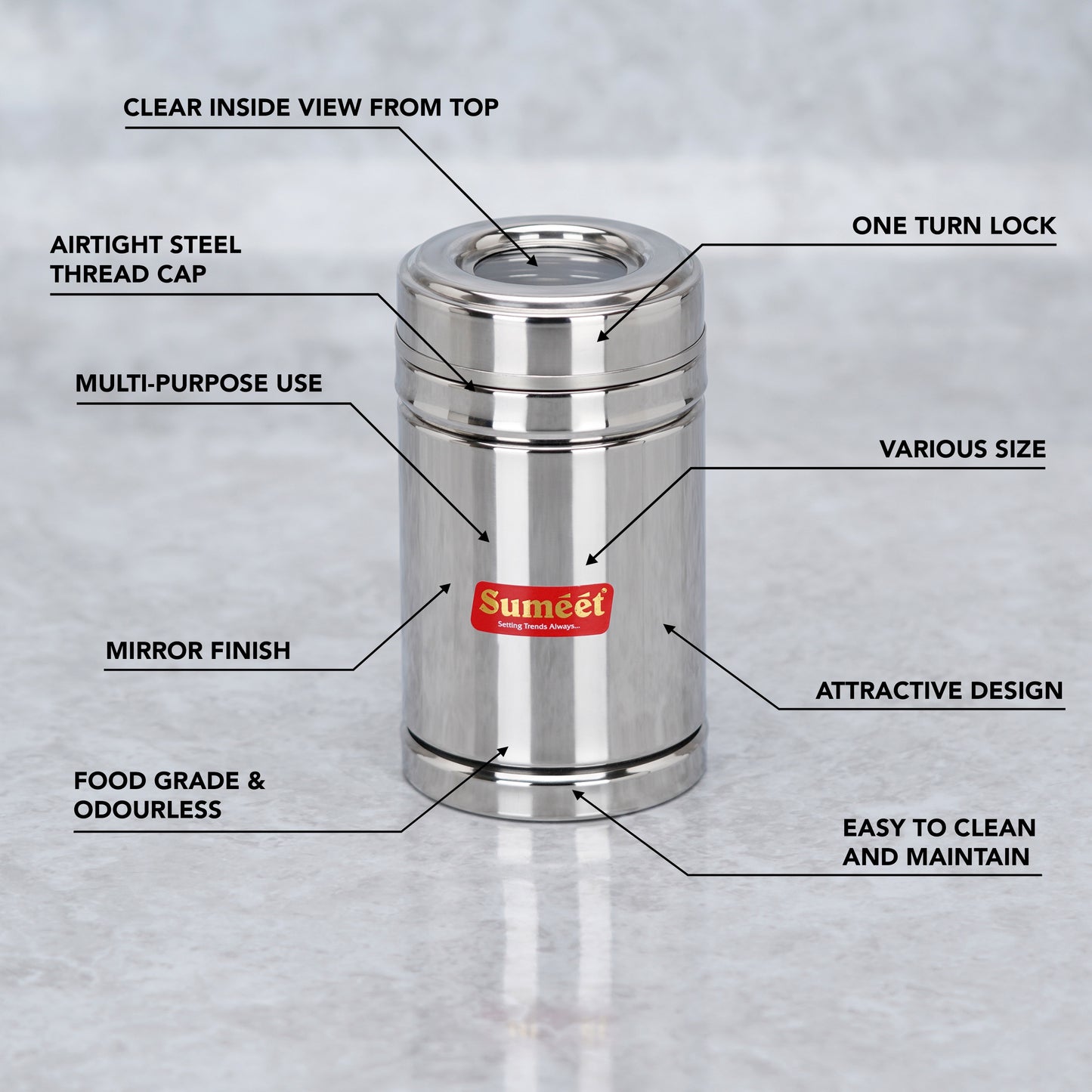 Sumeet Stainless Steel Top See Through/Transparent Lid Circular Vertical Storage Container Set