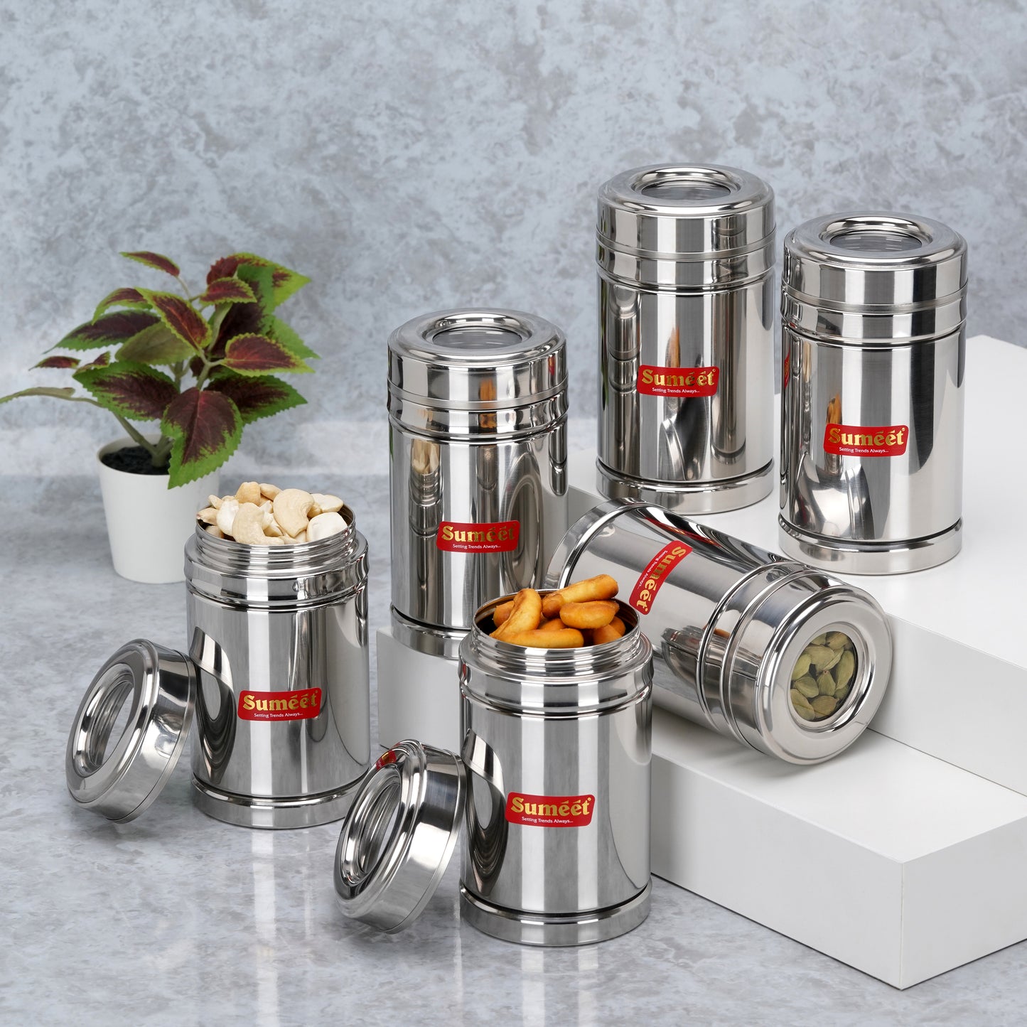 Sumeet Stainless Steel Top See Through/Transparent Lid Circular Vertical Storage Container Set