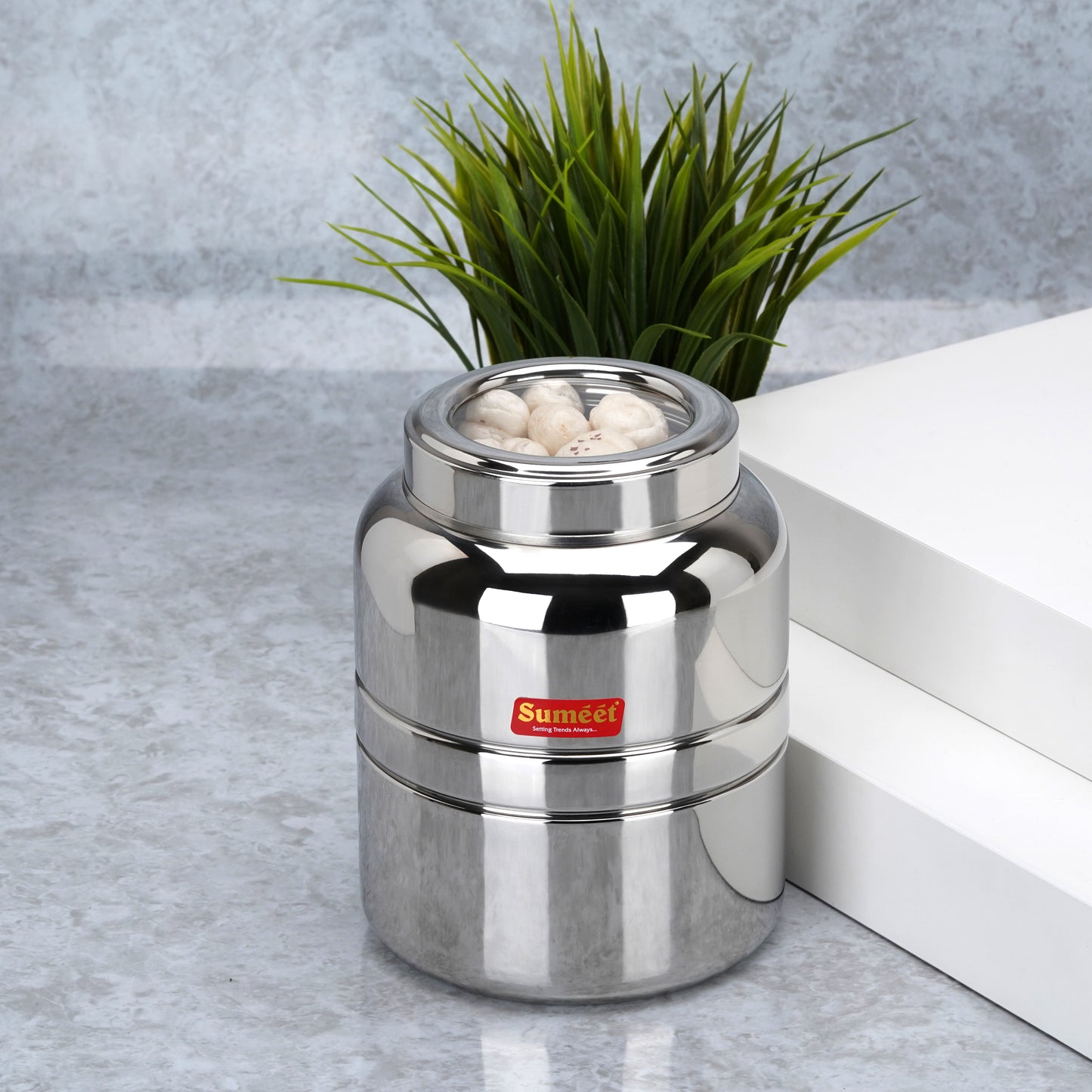 Sumeet Stainless Steel Unique Traditional Shape Top See Through/Transparent Lid Storage Containers