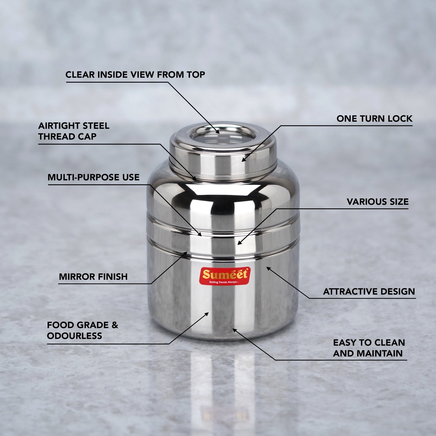 Sumeet Stainless Steel Unique Traditional Shape Top See Through/Transparent Lid Storage Containers