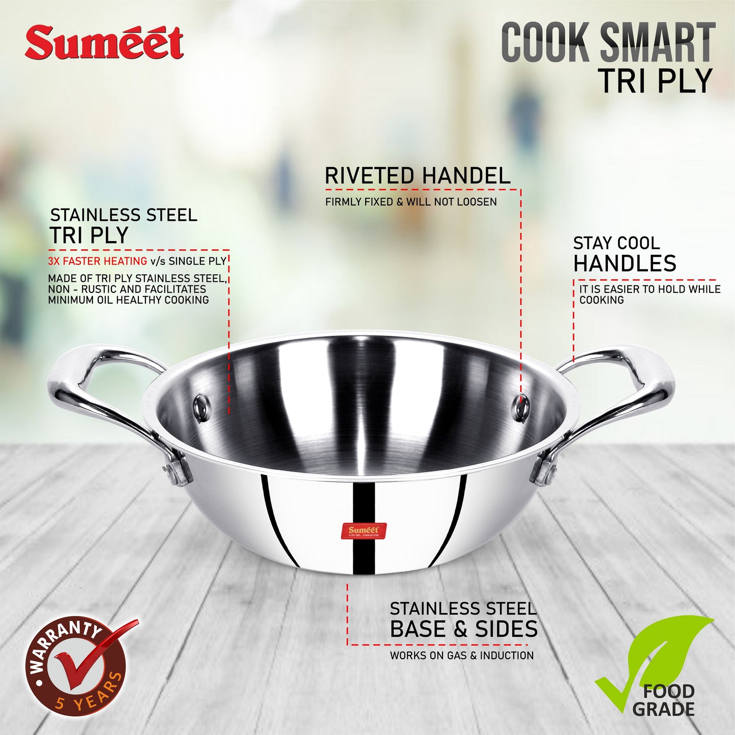 Sumeet Cook Smart TriPly SAS (Steel-Aluminium-Steel - 3 Layers) Kadhai - 1.1ltr - 18cm