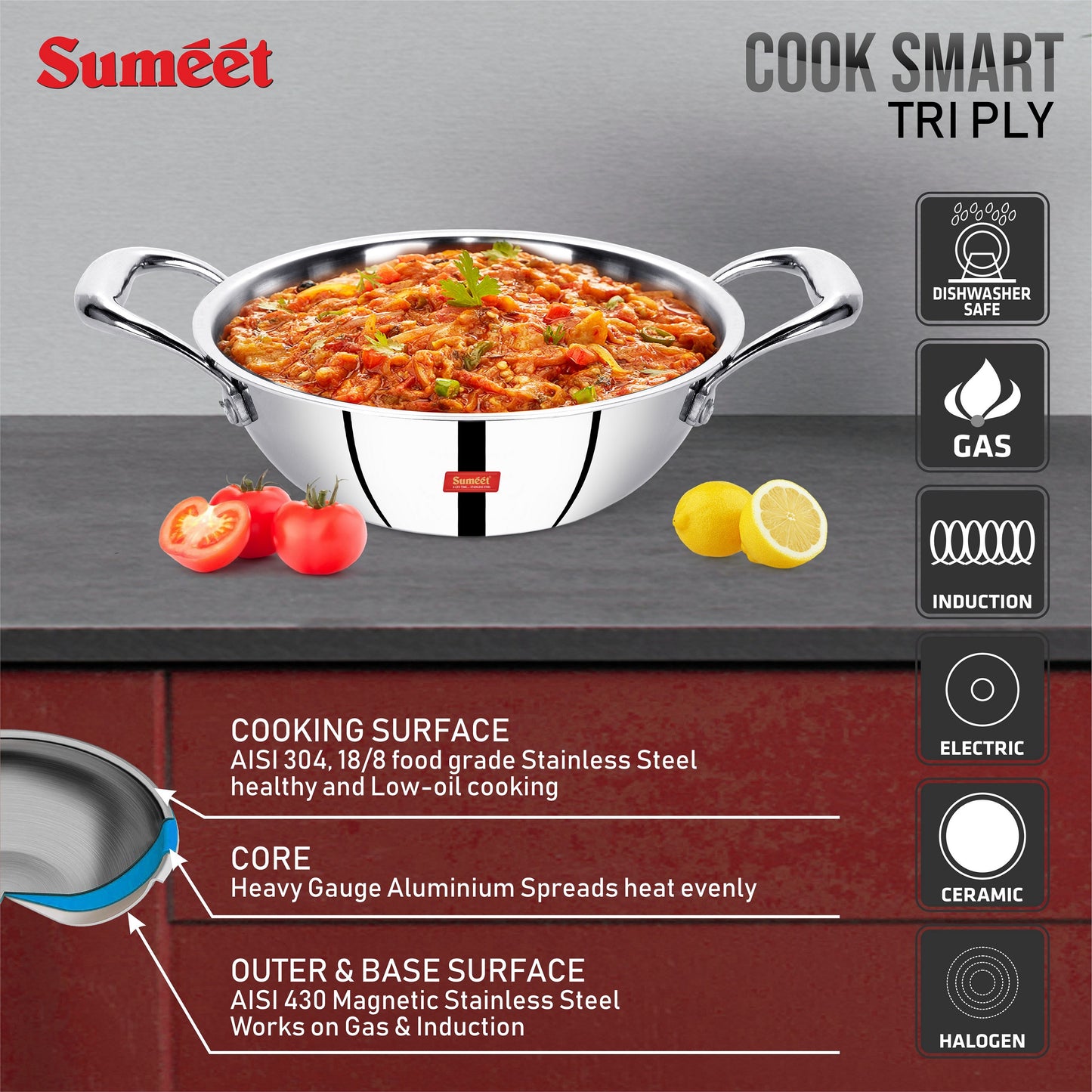 Sumeet Cook Smart TriPly SAS (Steel-Aluminium-Steel - 3 Layers) Kadhai - 1.1ltr - 18cm