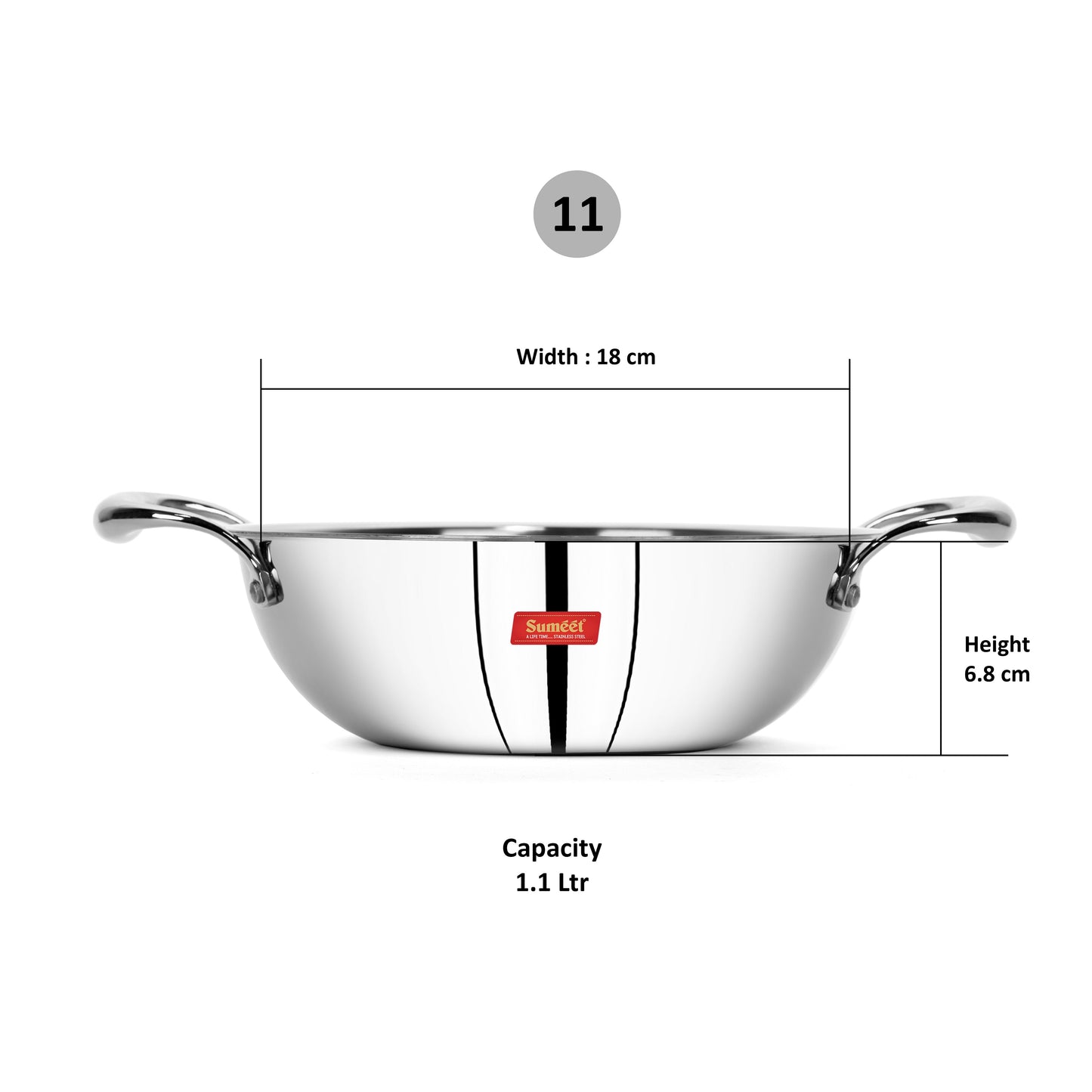 Sumeet Cook Smart TriPly SAS (Steel-Aluminium-Steel - 3 Layers) Kadhai - 1.1ltr - 18cm