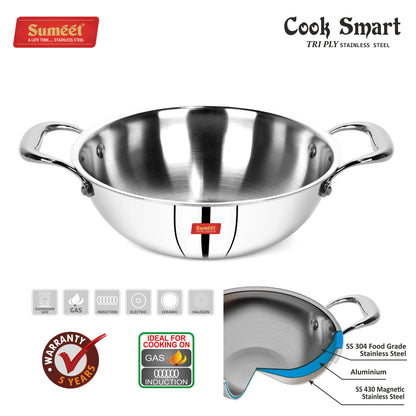 Sumeet Cook Smart TriPly Steel-Aluminium-Steel - 3 Layers Kadhai - 1.5ltr - 20cm