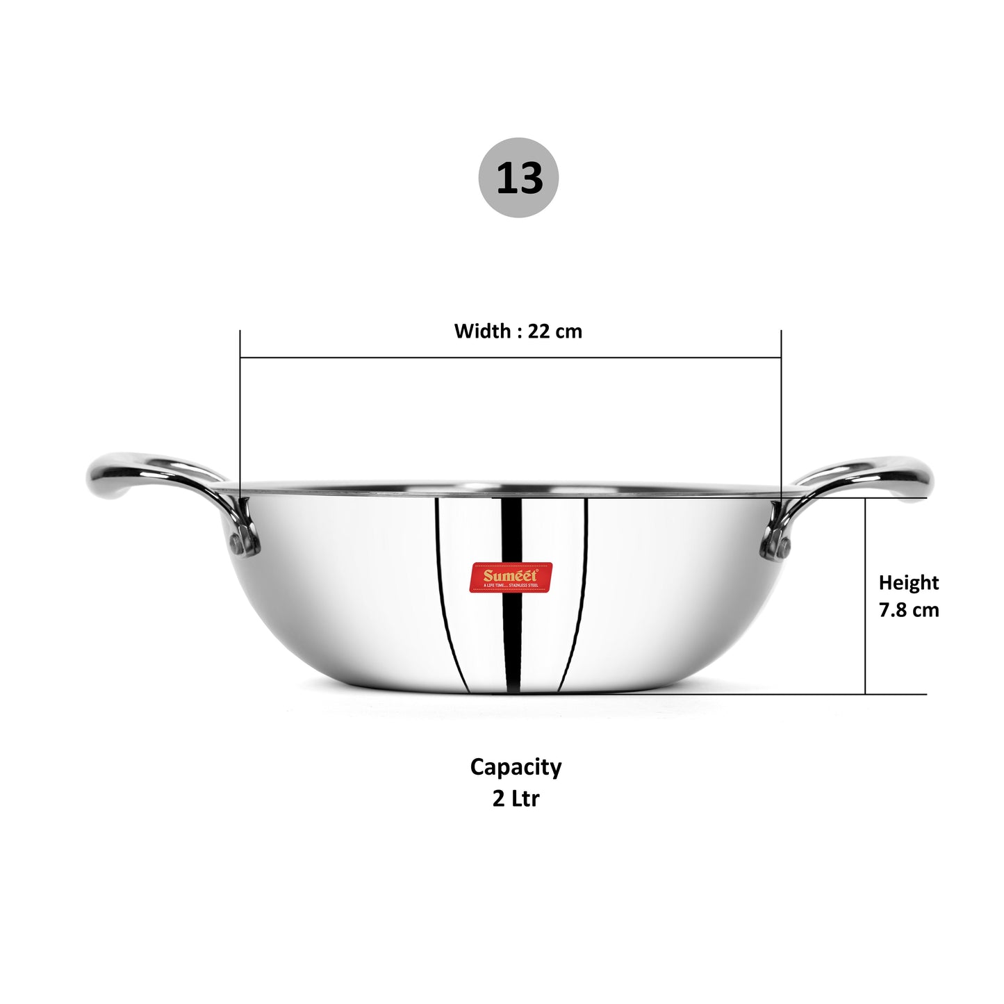 Sumeet Cook Smart TriPly SAS (Steel-Aluminium-Steel - 3 Layers) Kadhai 2Ltr - 22Cm