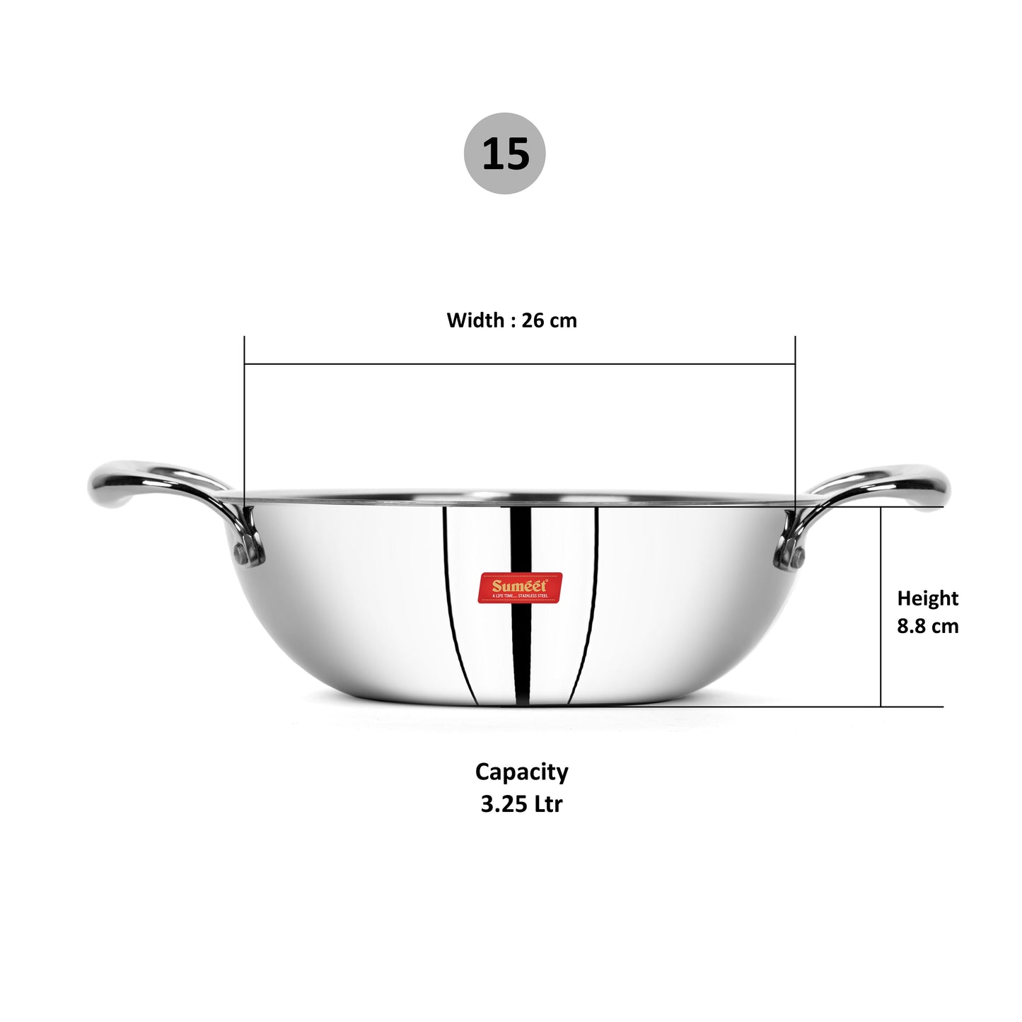 Sumeet Cook Smart TriPly SAS (Steel-Aluminium-Steel - 3 Layers) Kadhai - 3.25ltr - 26cm