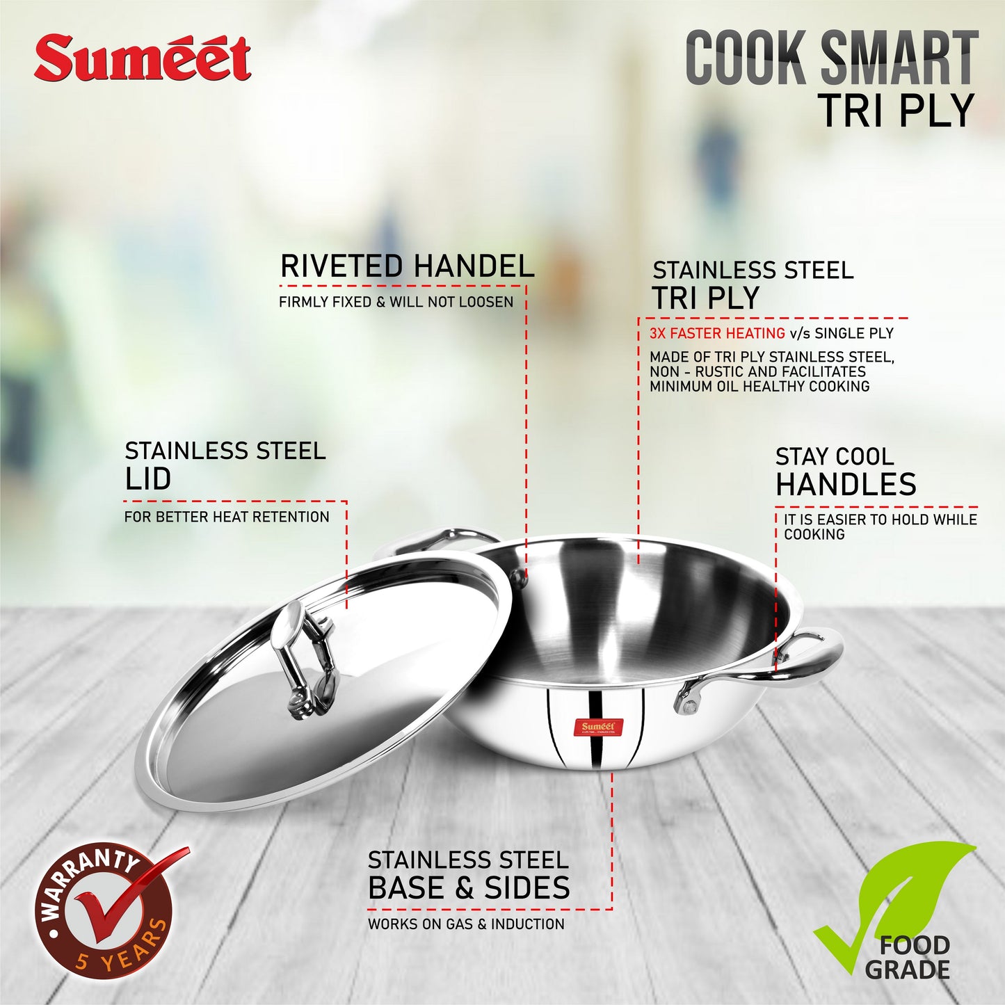 Sumeet Cook Smart TriPly SAS (Steel-Aluminium-Steel - 3 Layers) Kadhai with Lid - 4Ltr - 28Cm