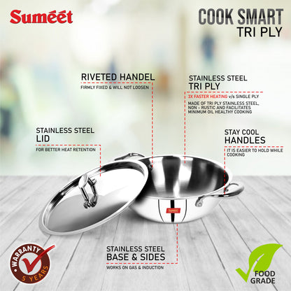 Sumeet Cook Smart TriPly SAS (Steel-Aluminium-Steel - 3 Layers) Kadhai with Lid - 4Ltr - 28Cm