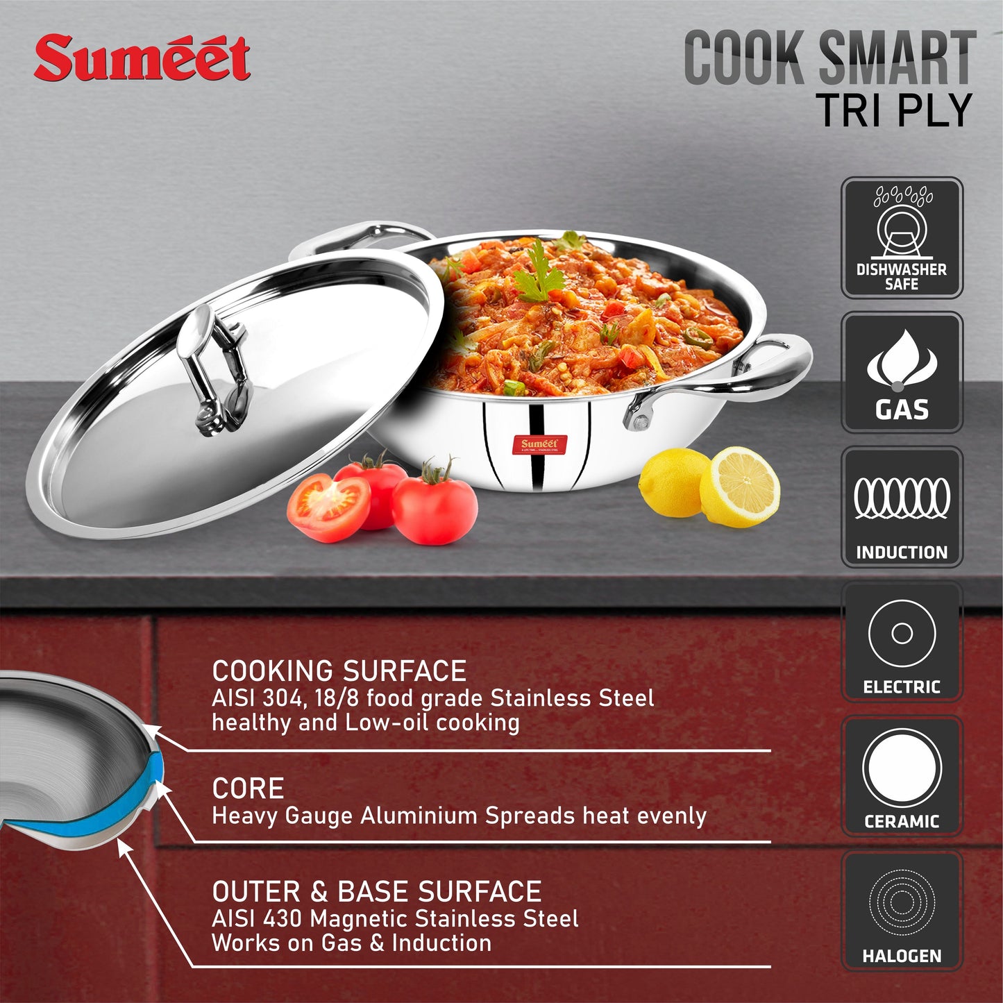 Sumeet Cook Smart TriPly SAS (Steel-Aluminium-Steel - 3 Layers) Kadhai with Lid - 4Ltr - 28Cm