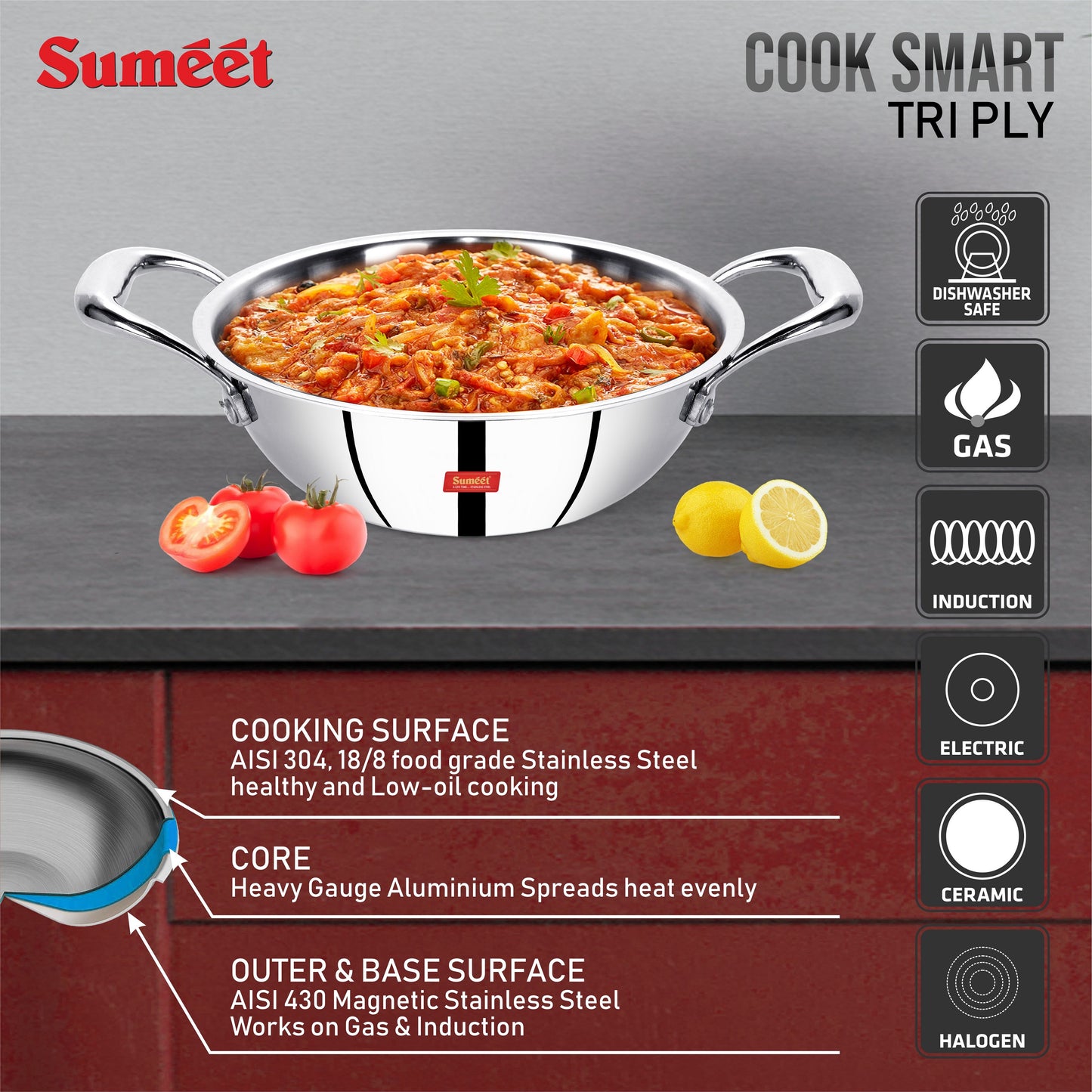 Sumeet Cook Smart TriPly SAS (Steel-Aluminium-Steel - 3 Layers) Kadhai - 4ltr - 28cm