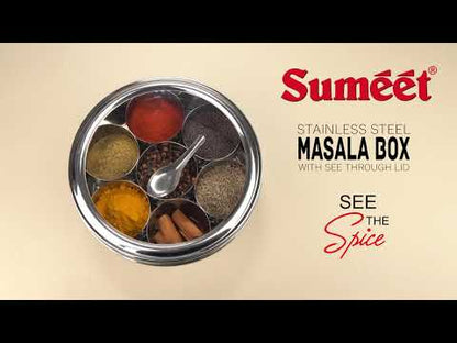 Sumeet Stainless Steel Round Masala (Spice) Box/Organiser with See Through Lid With 7 Containers and Small Spoon Size 11 (1.5Ltr) (18.5cm)