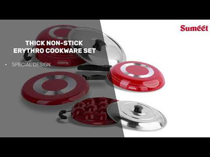 Sumeet 2.6mm Thick Non-Stick Erythro Cookware Set (Dosa Tawa – 26.5cm Dia + Kadhai with Lid – 1.5Ltr Capacity- 20cm Dia + Grill Appam Patra with Lid – 23cm Dia + Tapper pan – 20cm Dia)